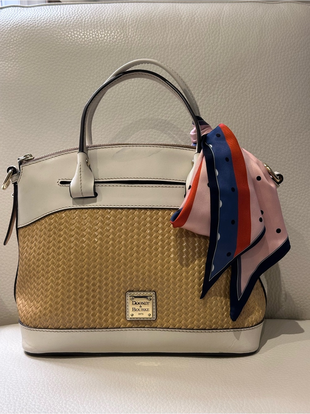 Dooney & Bourke White and Tan Woven Satchel with Pink Blue Scarf